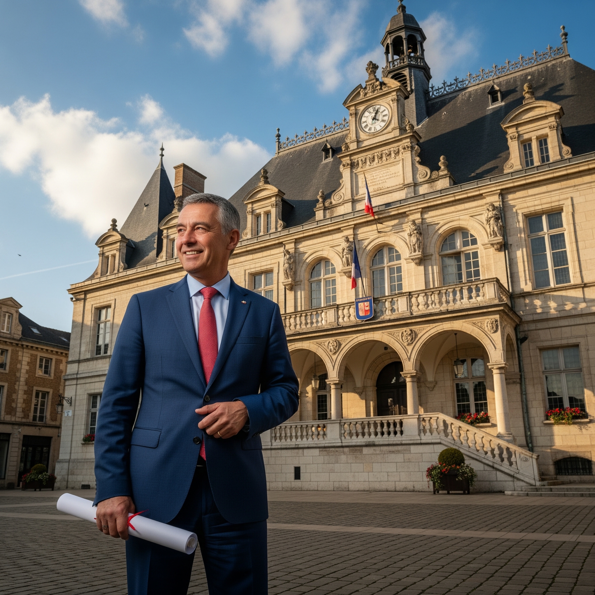 Photo d'un Homme (un vrai bonhomme, costume et tout) devant un bâtiment type 19eme. Manifestement générée par IA, les ombres sont dans tous les sens.